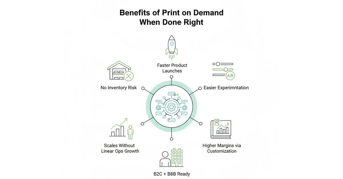 Benefits of print on demand services including no inventory risk, higher margins through customization, faster product launches, and B2B readiness