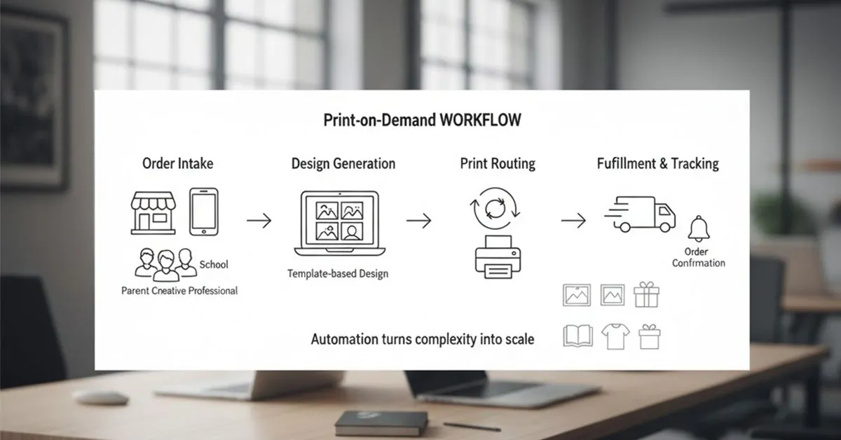 Print on demand workflow showing automated order intake, design generation, print routing, and fulfillment for print on demand businesses and B2B services