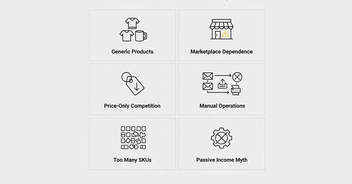 Common mistakes in print on demand business like generic products, marketplace dependence, manual operations, and price-only competition