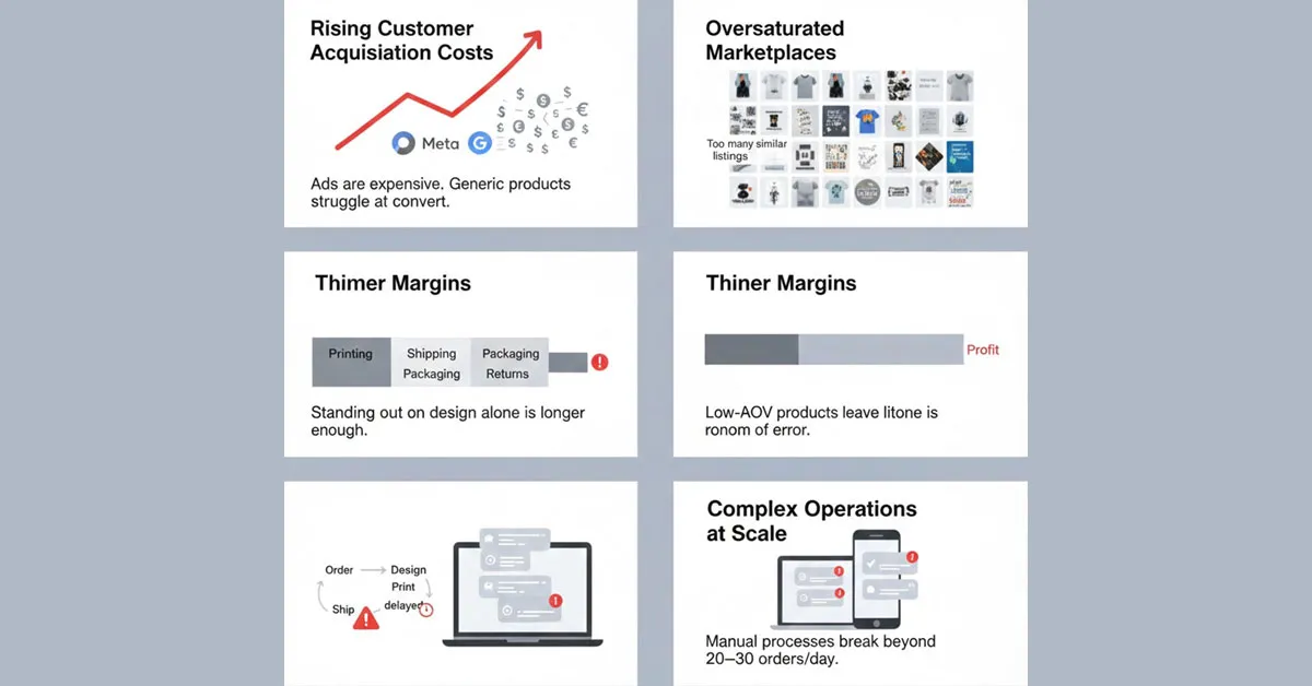 Challenges faced by print on demand companies including rising customer acquisition costs, thin margins, oversaturated marketplaces, and complex operations