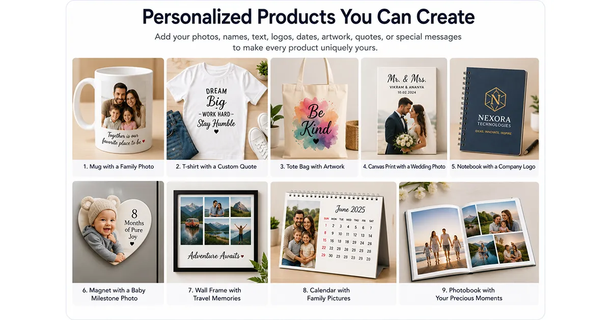 Personalized print on demand products including mugs, t-shirts, and tote bags with custom photo and text