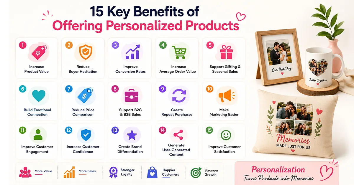 Three tiers of personalized POD products — entry level stickers, core mugs and t-shirts, and premium canvas prints